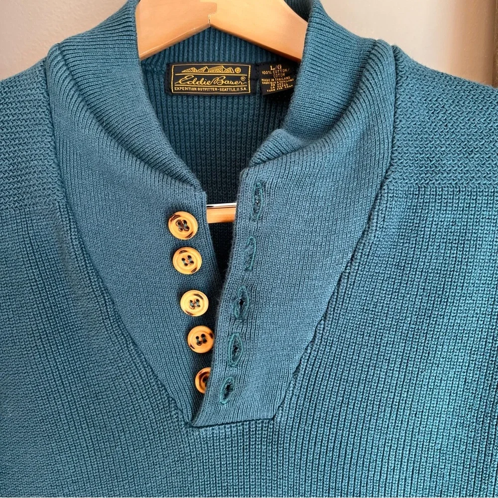 Vintage Eddie Bauer Black Tag Teal Button V Neck Sweater